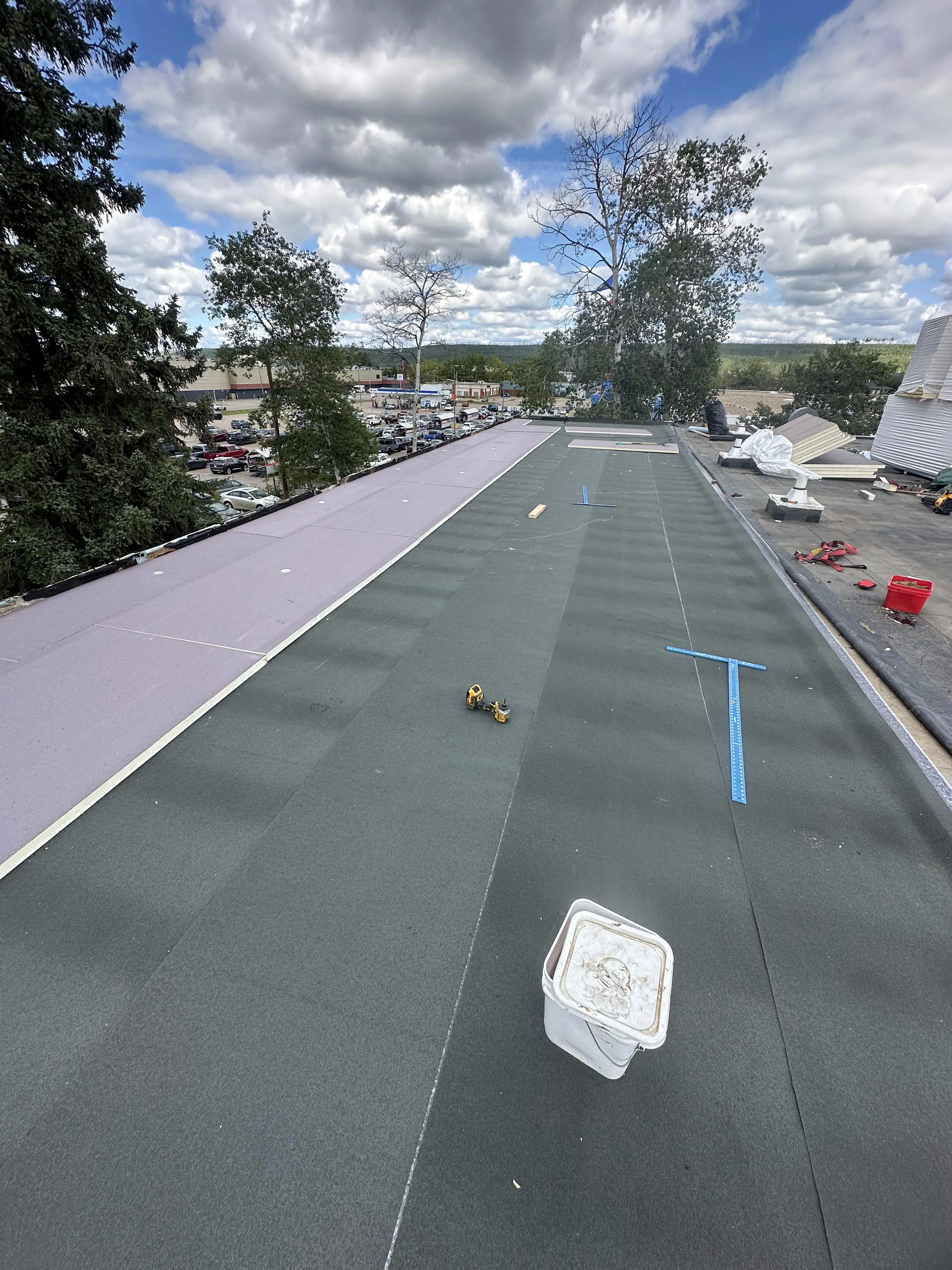 SBS modified bitumen installation in progress on a Calgary commercial flat roof